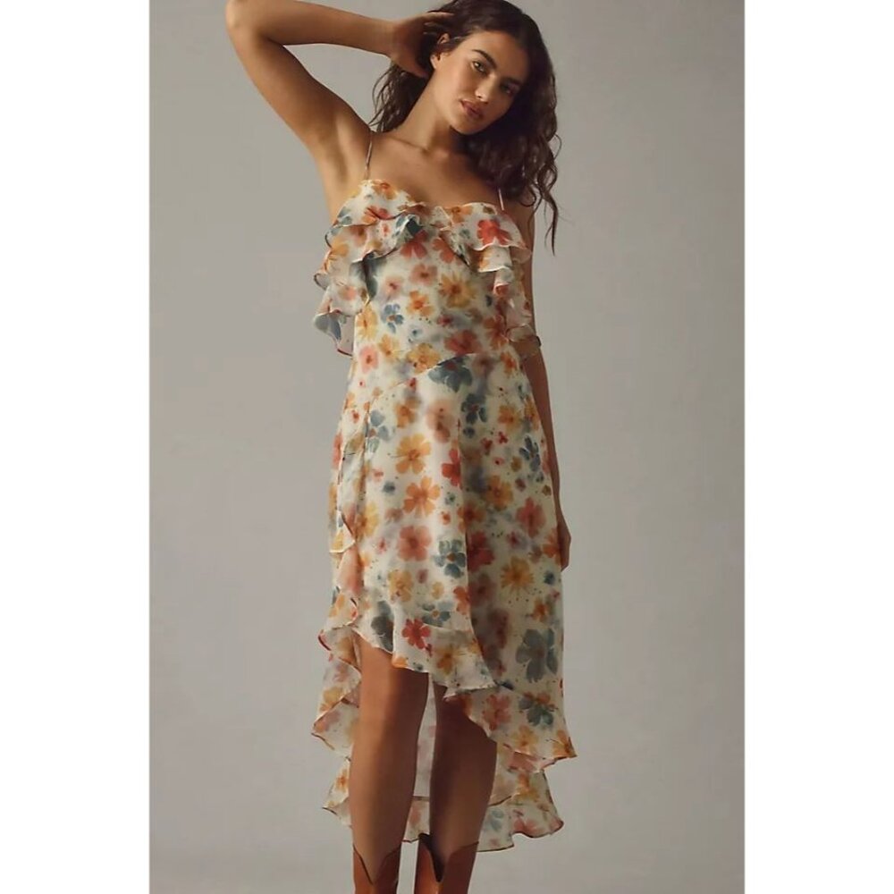 Anthropologie NWT Sleeveless Asymmetric Ruffled Midi Dress in Yellow size XL